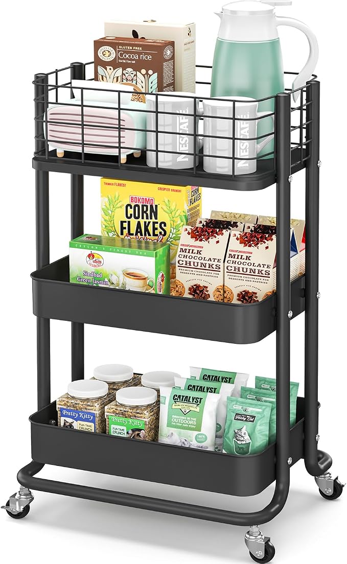 KINGRACK 3 Tier Rolling Cart, Metal Mobile Storage Shelf by KINGRACK