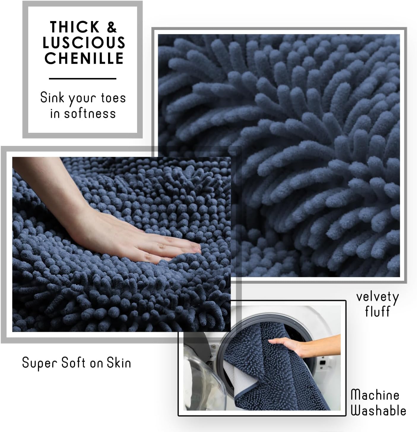 Hearth & Harbor Bathroom Rugs, Chenille Bath Mat - Machine Washable Bath Mats for Bathroom Non-Slip Backing Rubber, Quick Dry Bathroom Mat