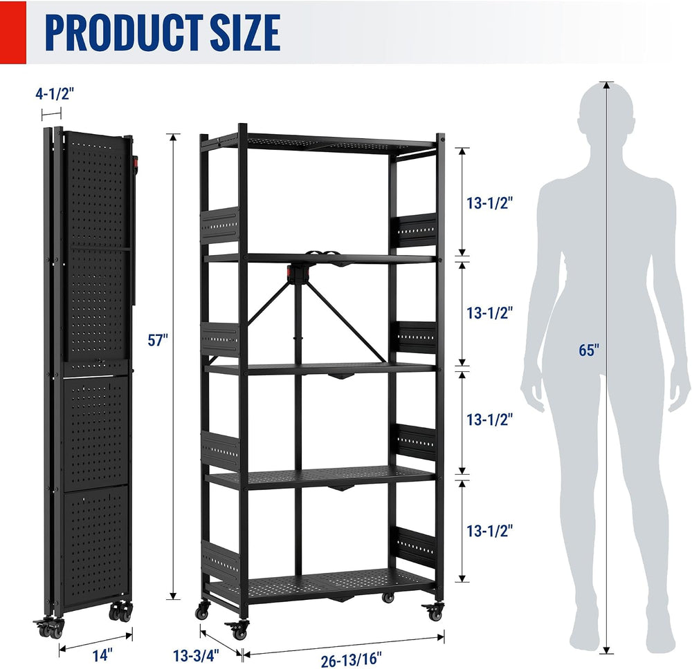 WORKPRO 5-Tier Folding Shelf, No-Assembly Metal Storage Rack with Wheels, 750...