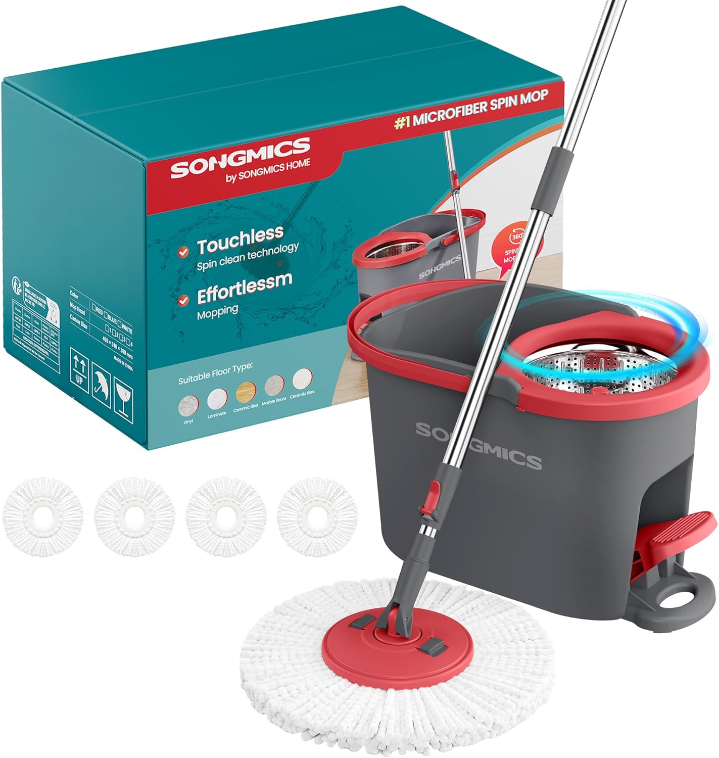 SONGMICS Spin Mop and Bucket Set with Pedal Wringer, Floor Cleaning Mop, Adjustable Telescopic Handle, Max. 59.1-Inch Length, 360° Rotating Head, 4 Microfiber Pads, Gray and Red ULMB002GT04