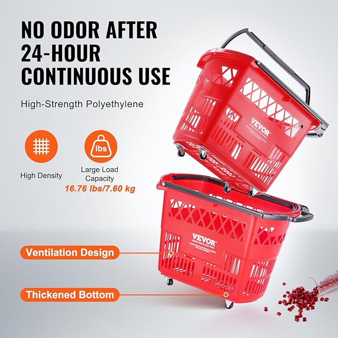 VEVOR Shopping Carts with Handles, 39L Plastic Rolling Shopping Basket with - Image 2