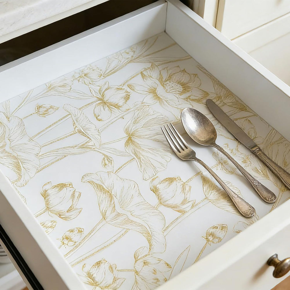Shelf Liners Thickened Non-Slip Non Adhesive Light Base Gold Lotus Pattern