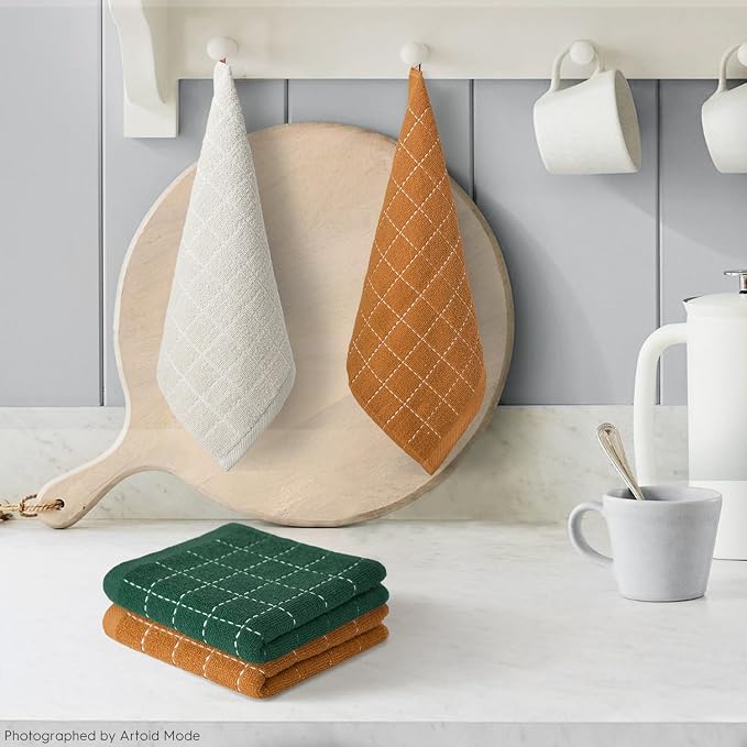 Artoid Mode Checkered Designed Cotton Beige Caramel Green Terry Kitchen Dish - Image 2