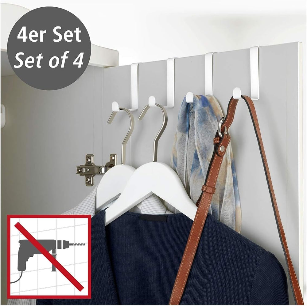 WENKO Crochet de porte blanc mat lot de 4 - Tringle de porte 4 crochets, Acie...