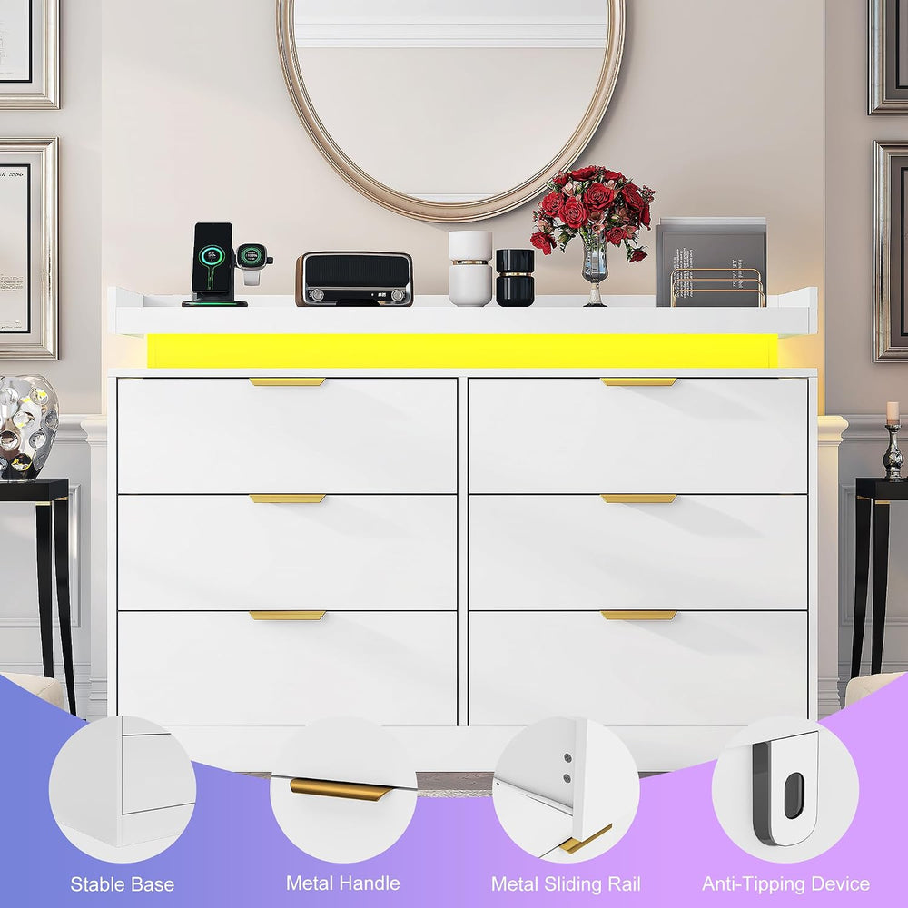 UNIQUITE 6 Drawer Dresser for Bedroom, White Dresser with LED Lights and Powe...