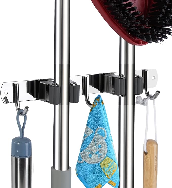 voze 2 Racks and 3 Hooks Mop and Broom Holder Wall Mount, Self Adhesive Heavy by voze