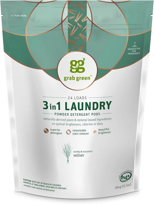 Grab Green 3-in-1 Laundry Detergent Pods, Vetiver Scent, Plant and Mineral Based by GrabGreen