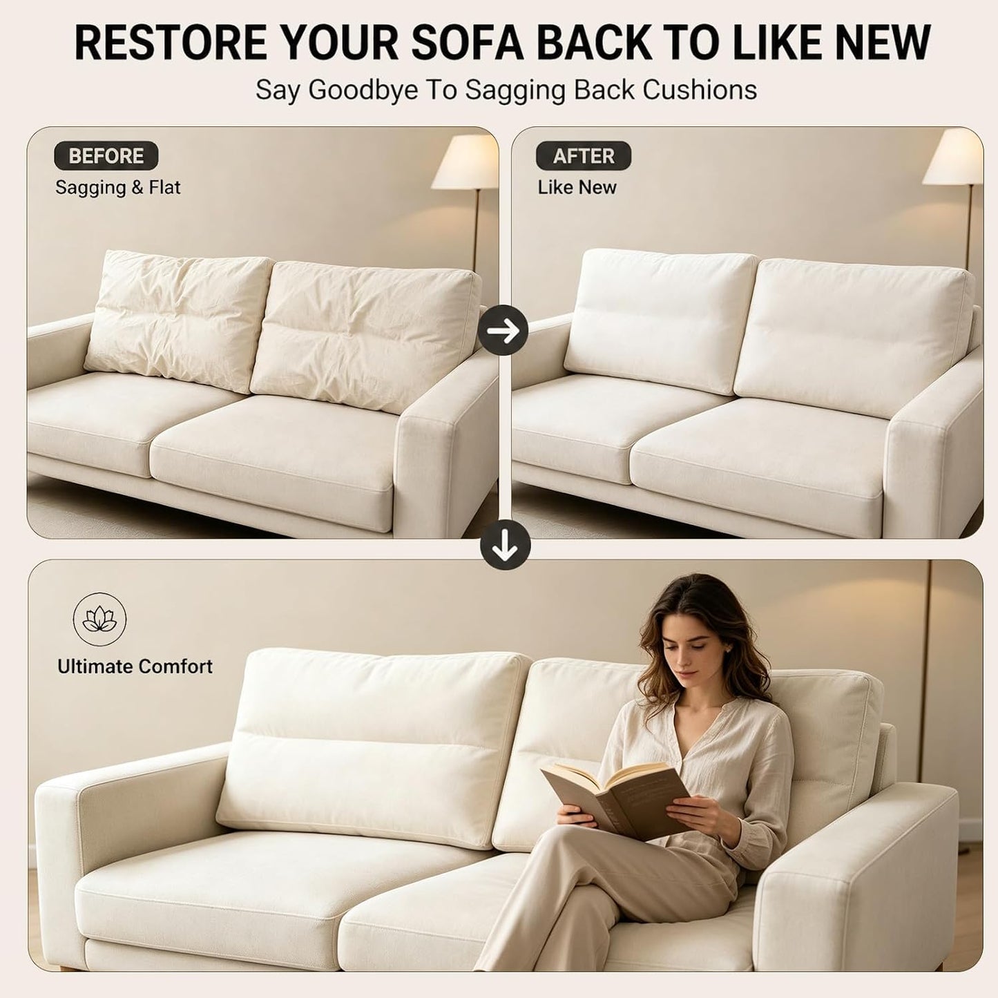3 Pack Couch Back Cushion Replacement, 6 Inch Thick Supportive Sofa Backrest Pillow Insert with Odorless Shredded Memory Foam for Couch, Loveseats, Sectionals, 31"x18"x6"