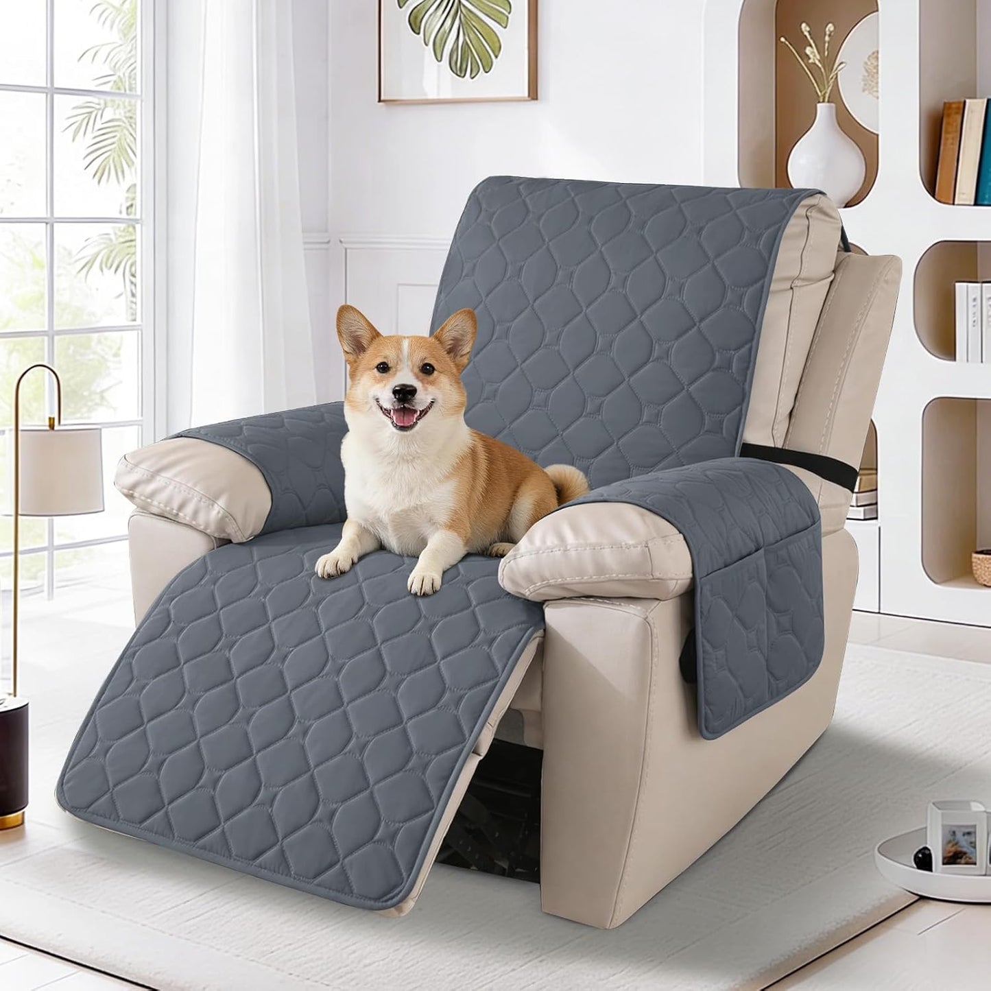 100% Waterproof Recliner Chair Covers, Recliner Cover Stay in Place, Chair Covers for Recliners, Recliner Covers Washable with Pocket, Elastic Straps for Pets, Dogs and Kids (Dark Gray, 23")