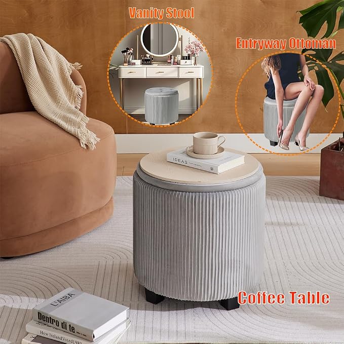 Big Round Ottoman with Storage Set of 2, Upholstered Velvet Vanity Stool - Image 6