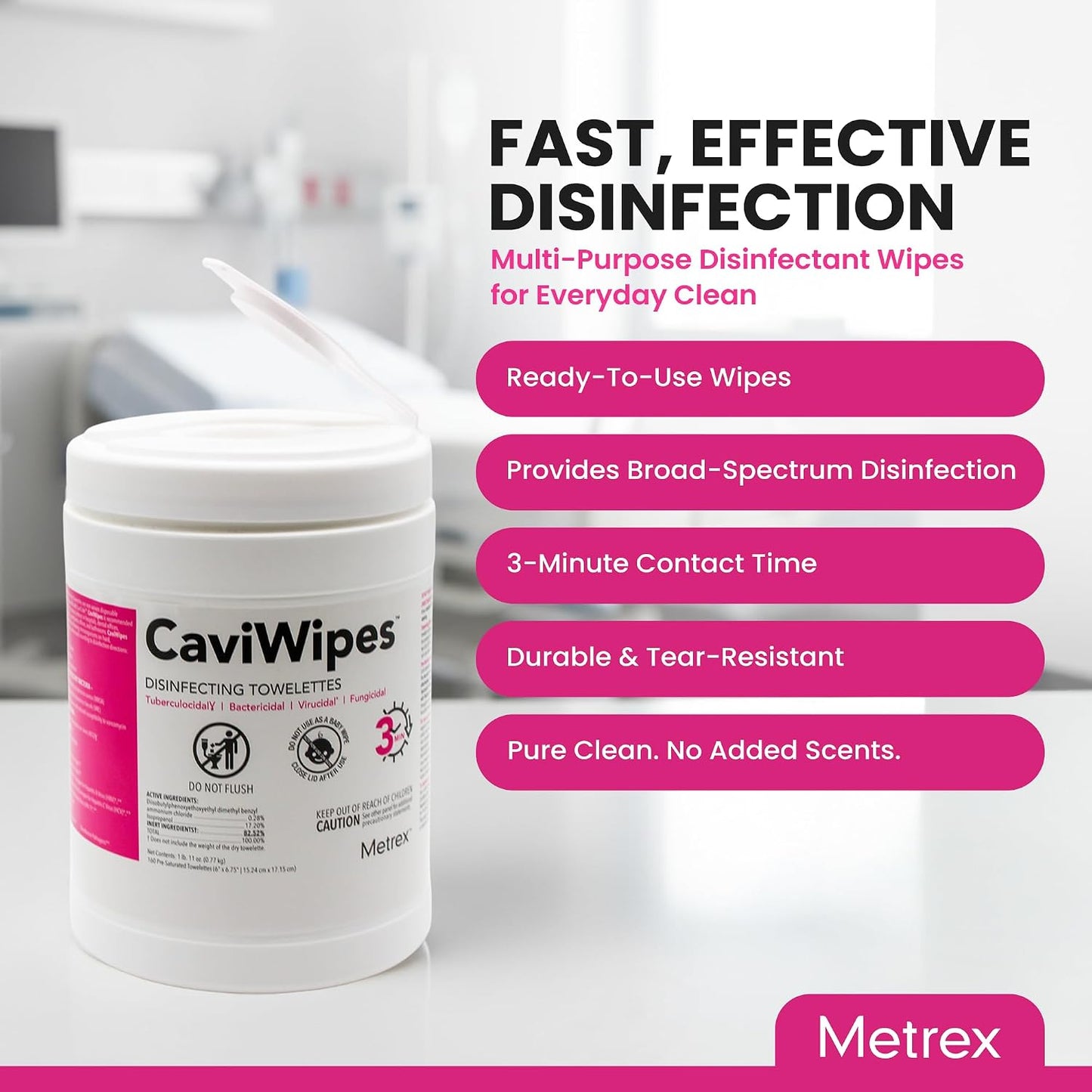 Metrex CaviWipes Disinfecting Wipes, 160 Ct Canister, 4-Pack | Alcohol-Scented, Durable Non-Woven Wipes, Won't Tear or Bunch, Reliable Surface Cleaner, Daily Facility Use