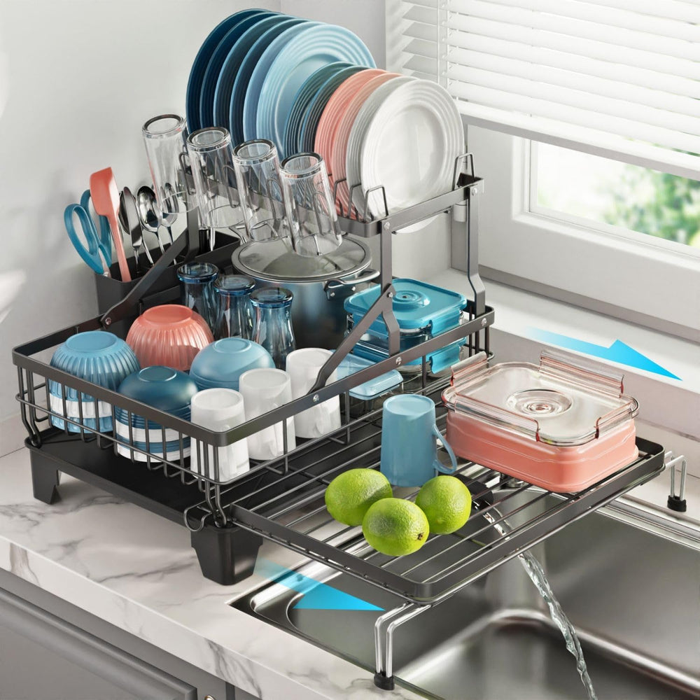 iSPECLE 2 Tier Dish Drying Rack - Expandable Over Sink & Counter Use, Black