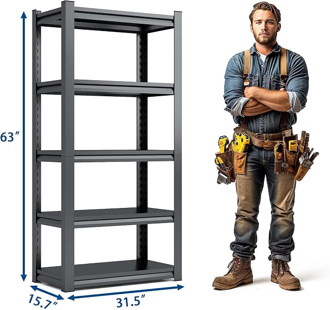 63" H Heavy Duty Garage Shelving, Metal Storage Shelves, Adjustable 5 Tier - Image 3