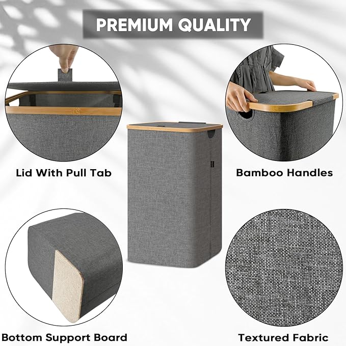 BALEINE Laundry Hamper with Lid, Tall Laundry Baskets with Bamboo Pull Handles - Image 3
