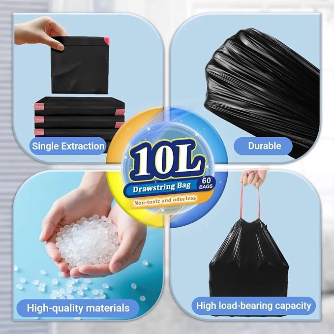 XUXRUS 2.6-3 Gallon Black Bathroom Drawstring Trash Bags - Image 2