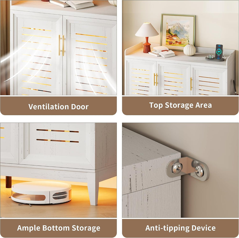 Vlsrka Rotating Shoe Storage Cabinet with Slatted Doors and Lights, White