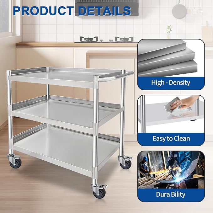 3-Shelf Stainless Steel Rolling Utility Cart - Image 4
