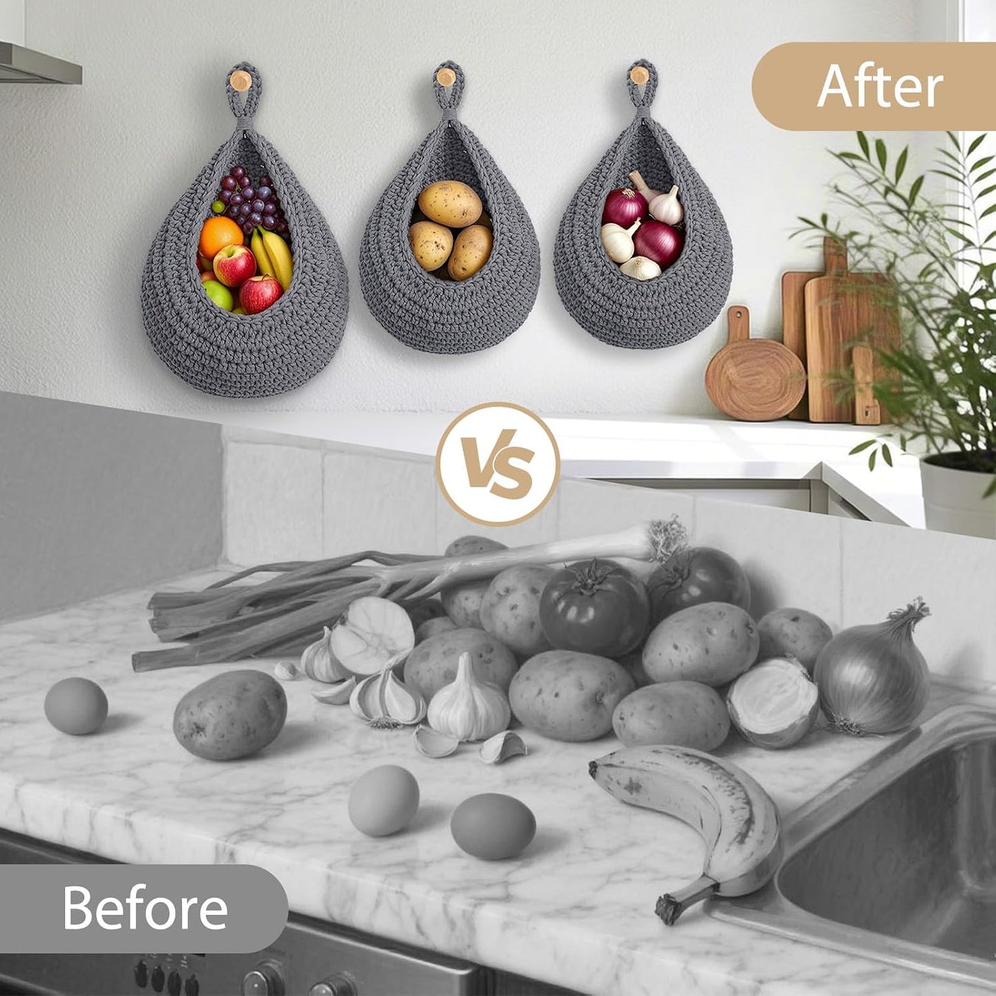 Halidali Hanging Fruit Baskets for Kitchen, 3 Pack Wall Storage Organizer | Boho Cotton Rope Handwoven Vegetable Basket for Farmhouse Decor, Storage Onion, Potato, Garlic
