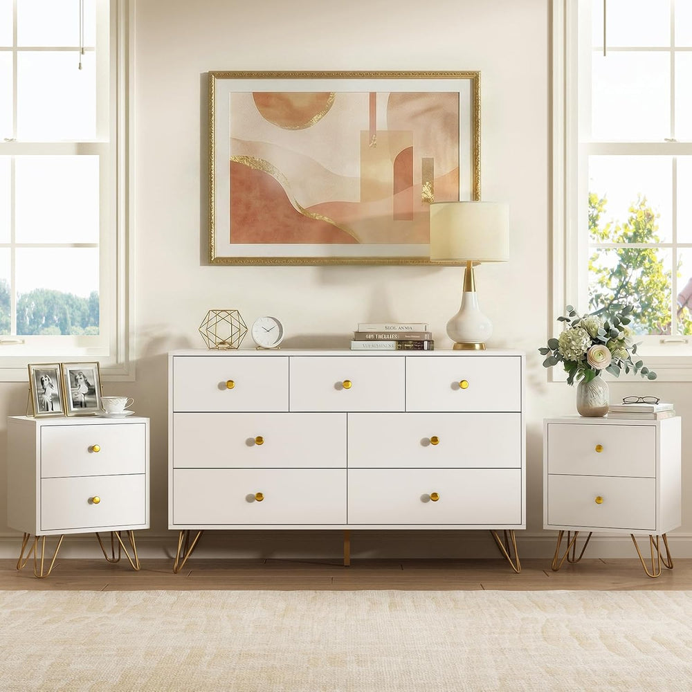 Tradare White Dresser for Bedroom, Modern 7 Drawer Dresser with Gold Handles ...