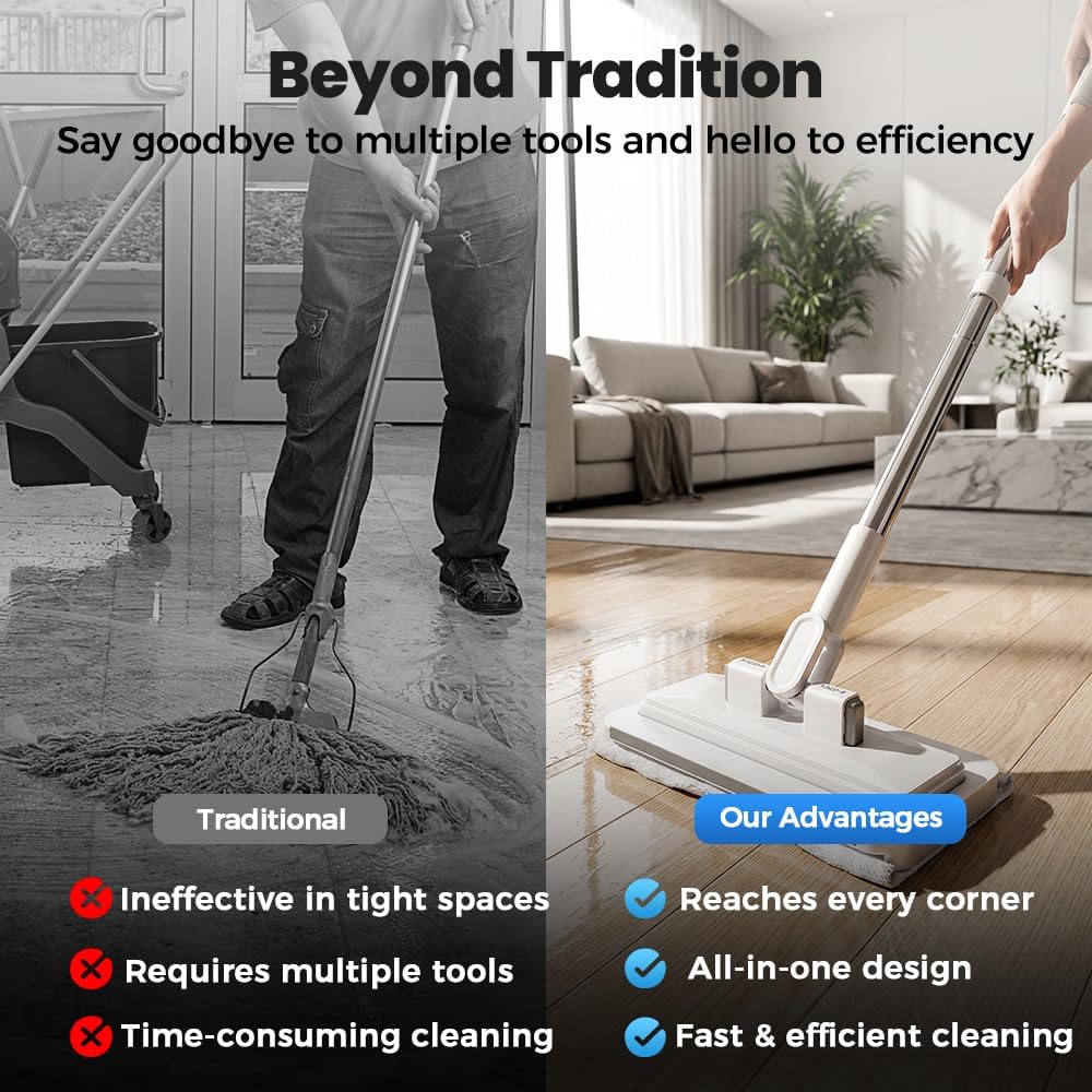 Hands-Free Multi-Purpose Flat Mop, Long Handle Hands Free Flat Mop One Click Convenient Cloth Changing MiniMops, Disposable Dust Snap Mops Grip Zero Touch Mops for Multi Surface Cleaning (37.4 in)