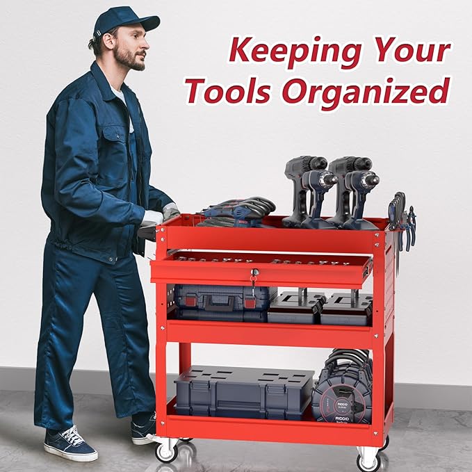 3 Tier Rolling Tool Cart on Wheels, Heavy Duty Service Cart Industrial Utility - Image 6