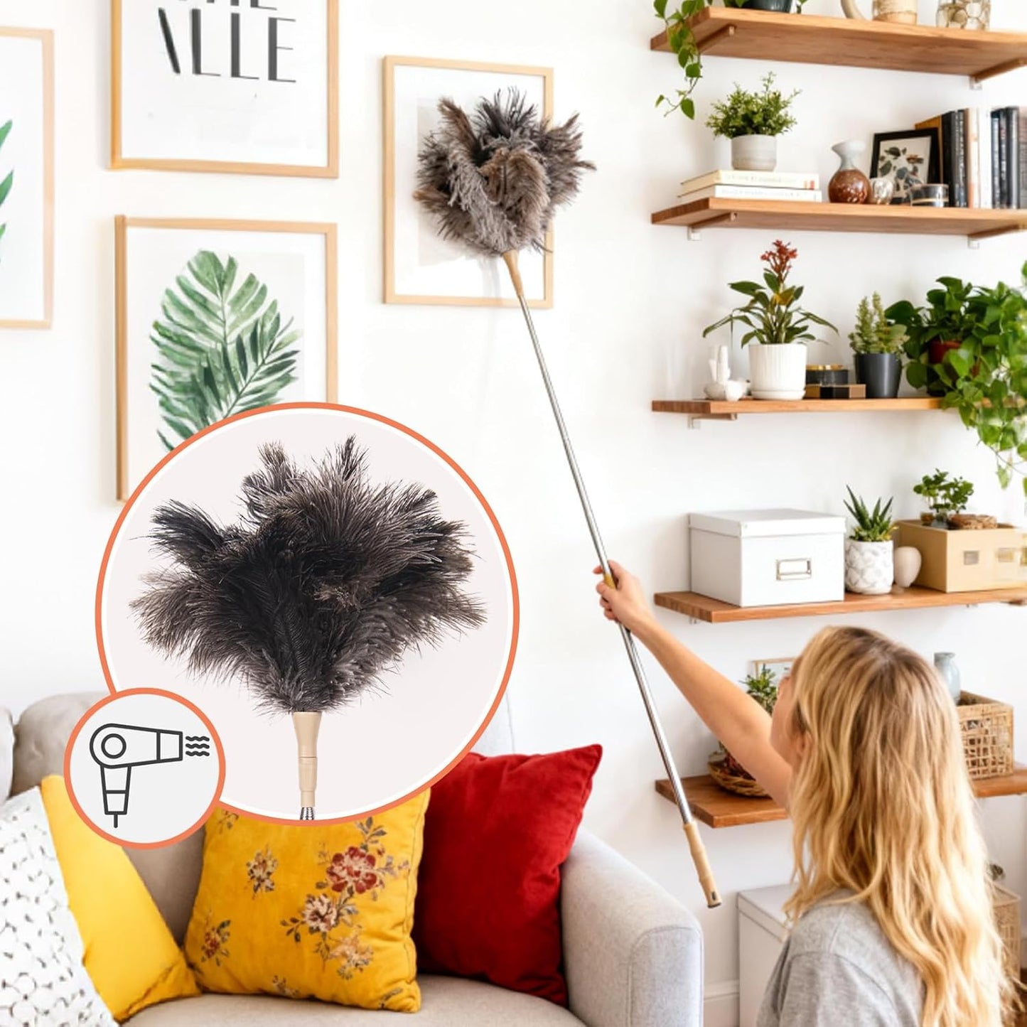 Extendable Ostrich Feather Duster, Natural Ostrich Feathers Long Handle Duster for Cleaning, 47” Soft & Fluffy Feather Duster for High Ceilings, Fans, Walls, Furniture, Home Dusting