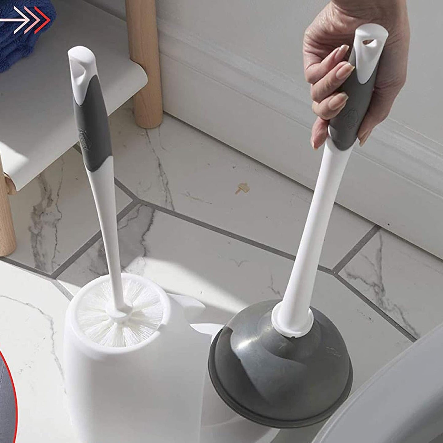 Clorox Toilet Plunger and Brush Bowl Set with Holder Caddy Storage for Cleaning Bathroom and Unclogging Toilets, White and Gray