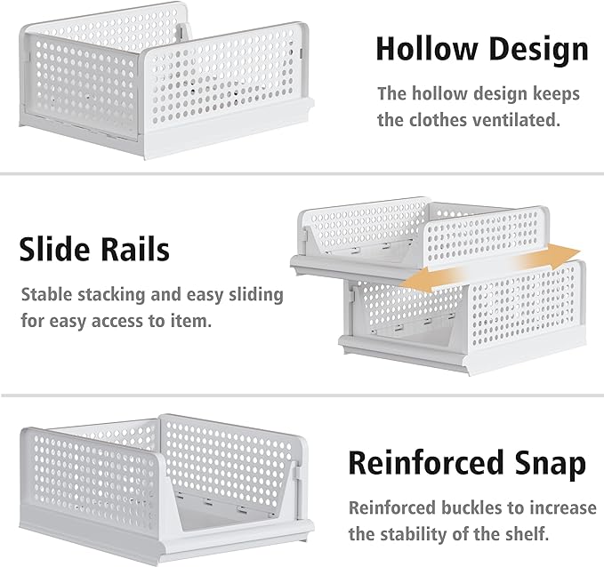 Proarea 5 Pack Stackable Plastic Storage Basket Closet Organizer Bin Foldable - Image 6