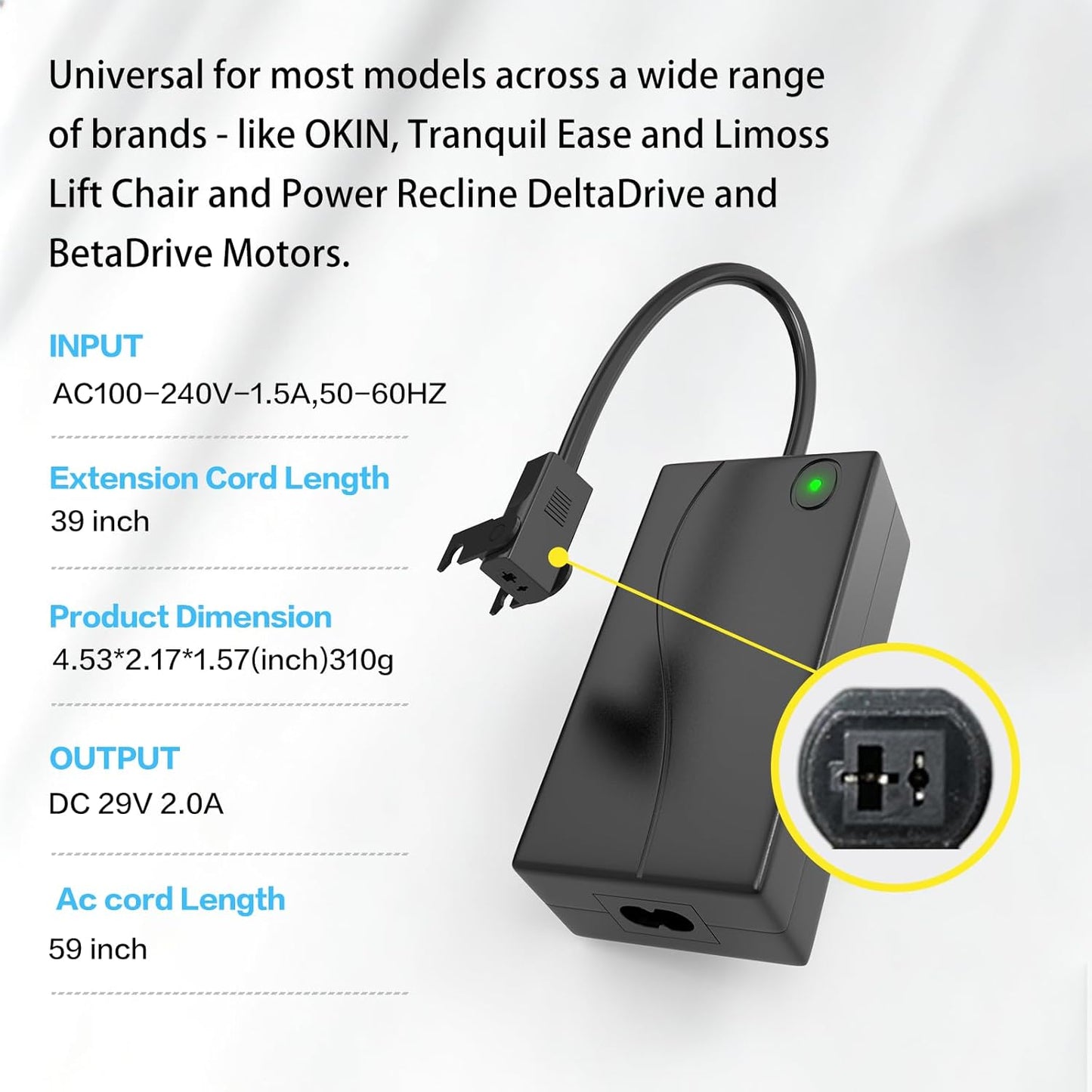 Power Recliner Power Supply, Replacement Recliner Power Cord,2-Pin AC/DC Adapter 100-240V, Quality 29V 2A Switching Transformer, Replacement Part for Recliner Couch,Electric SofaLift Chair (1, 1)