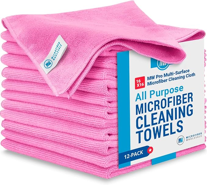 MW Pro Microfiber Cleaning Cloth | Pink | 12 Pack | 16” x 16” | All Purpose by MicrofiberWholesale