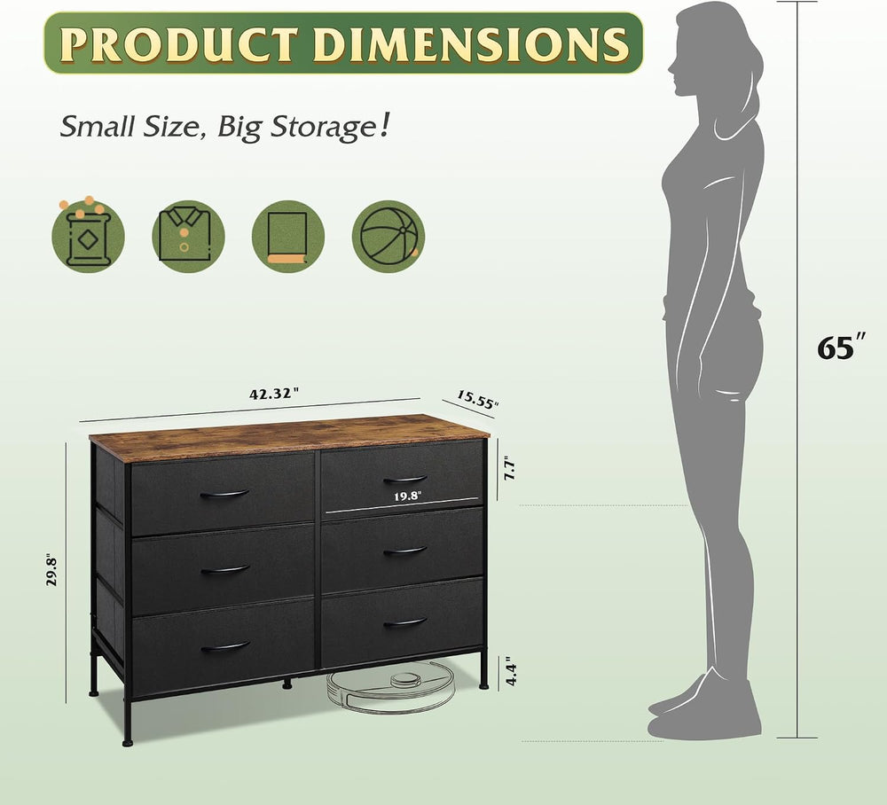 WLIVE Dresser for Bedroom with 6 Fabric Drawers, Black and Rustic Brown