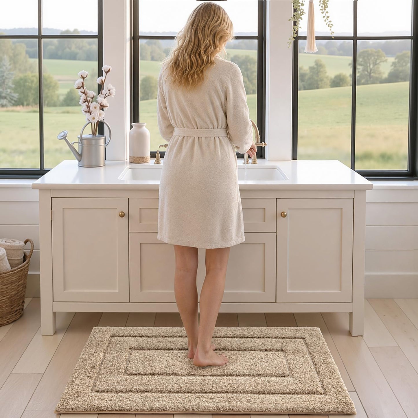 DEXI Bathroom Rug 43x24, Non Slip Washable Bath Mat for Shower Floor, Extra Large Absorbent Soft Bathmat with Rubber Backing, Quick Dry Microfiber Carpet, Beige