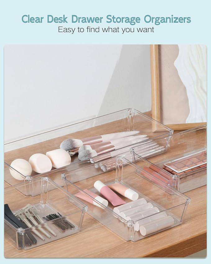 9 Pack Large Clear Plastic Drawer Organizer Trays, Desk Drawer Organizers and - Image 7
