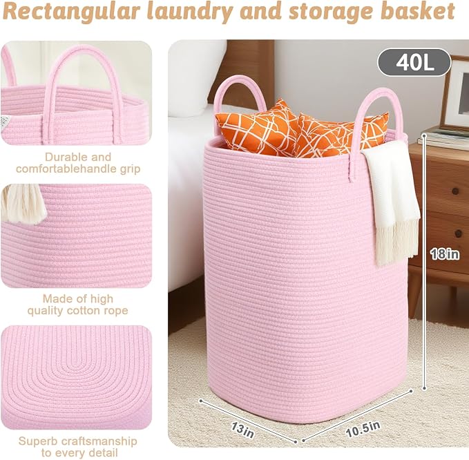 Laundry Basket, Woven Cotton Rope Laundry Hamper, 40L Versatile Storage - Image 2