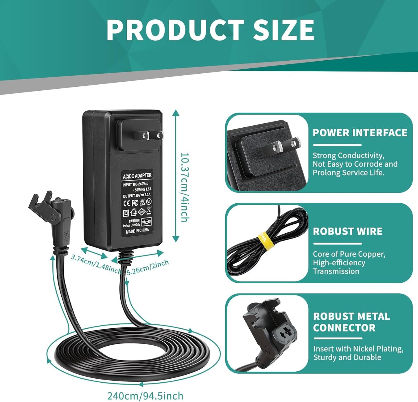 Recliner Power Supply 29V 2A Power Cord Replacement, Universal AC/DC Adapter for Electric Lift Chair, Reclining Sofa, Adjustable Bed Base, 2-Pin Connector