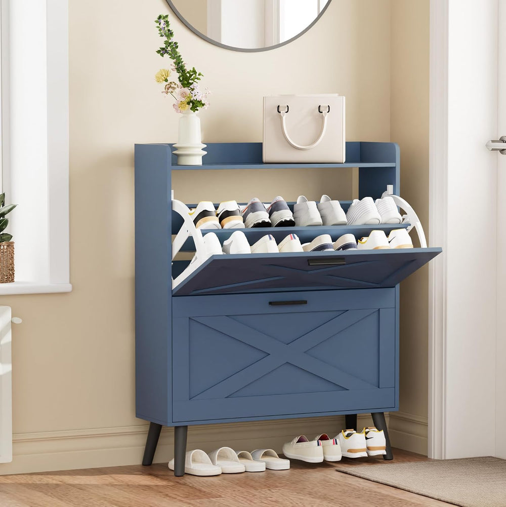 Homleke Farmhouse Shoe Storage Cabinet with Flip Drawers & Barn Door Design