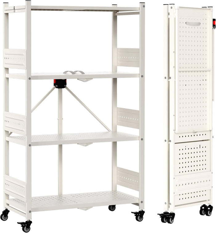 WORKPRO 4-Tier Folding Shelf, No-Assembly Metal Storage Rack with Wheels, 600 lbs Capacity (with Leveling Feet), Collapsible Shelving Unit for Kitchen, Pantry, Closet & Craft Shows - White