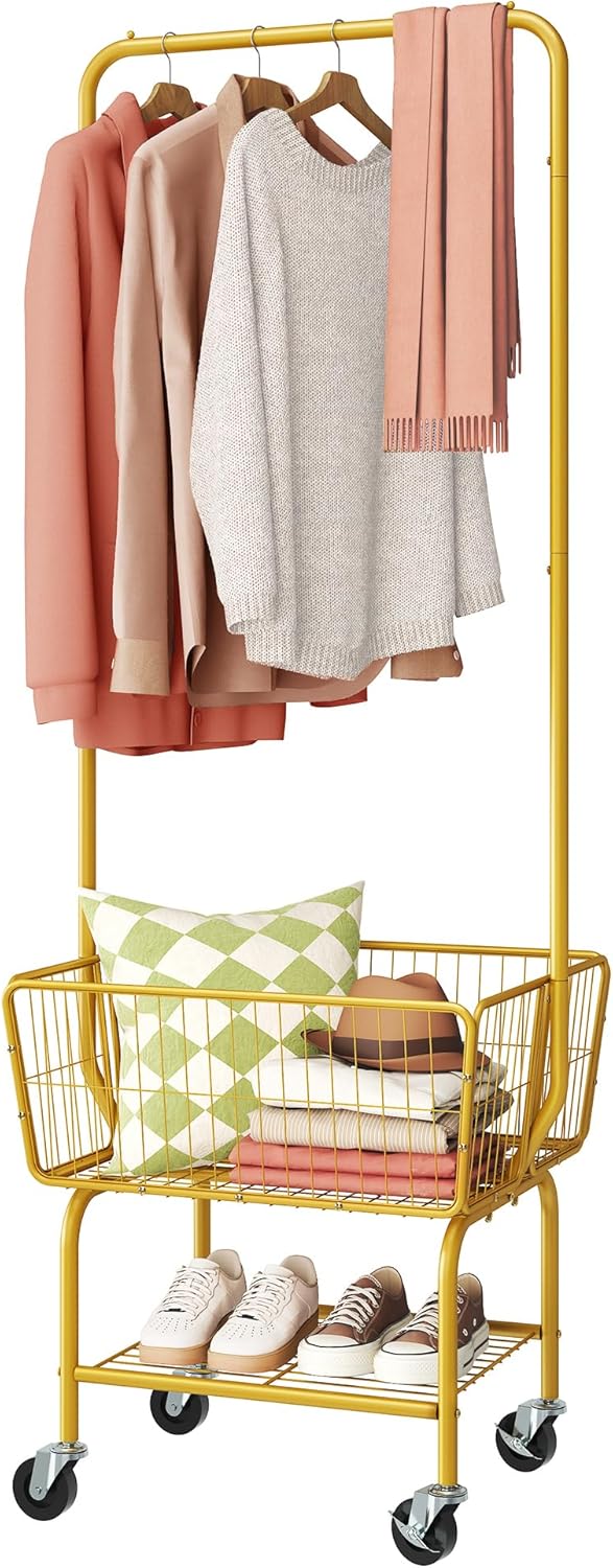 Tajsoon Rolling Laundry Cart with Hanging Rack & Laundry Basket, Gold