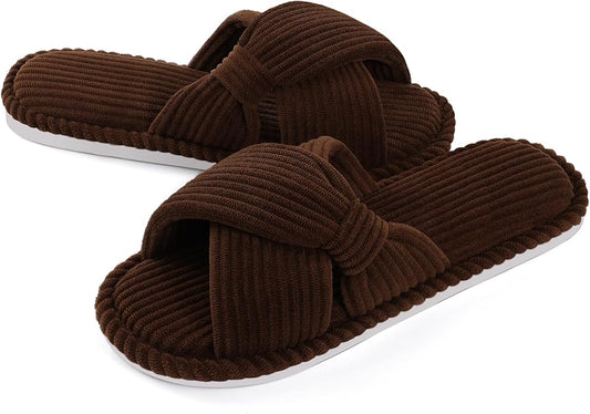 Evshine Summer House Slippers for Women Corduroy Cross Bow Indoor Slippers Open by Evshine