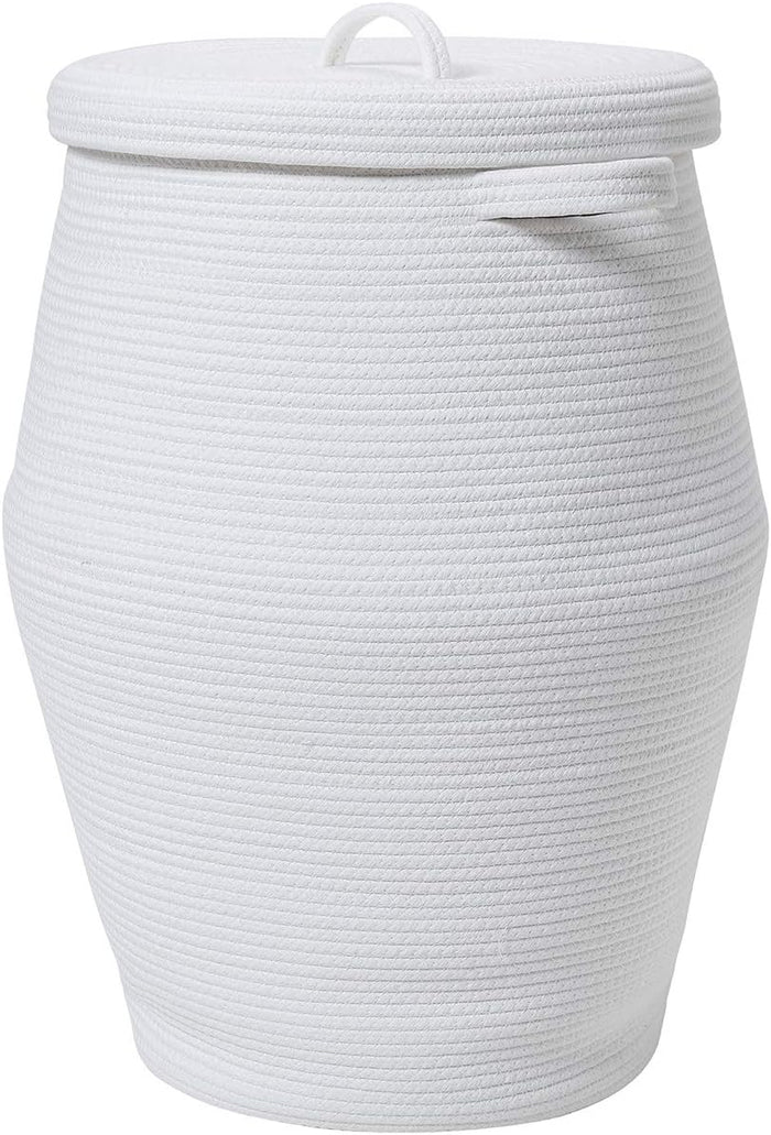 26"x20" Extra Large Tall Woven Laundry Basket with Lid, Cotton Rope Blanket Storage Basket, Freestanding Decorative Bin for Bedroom Living Room, White