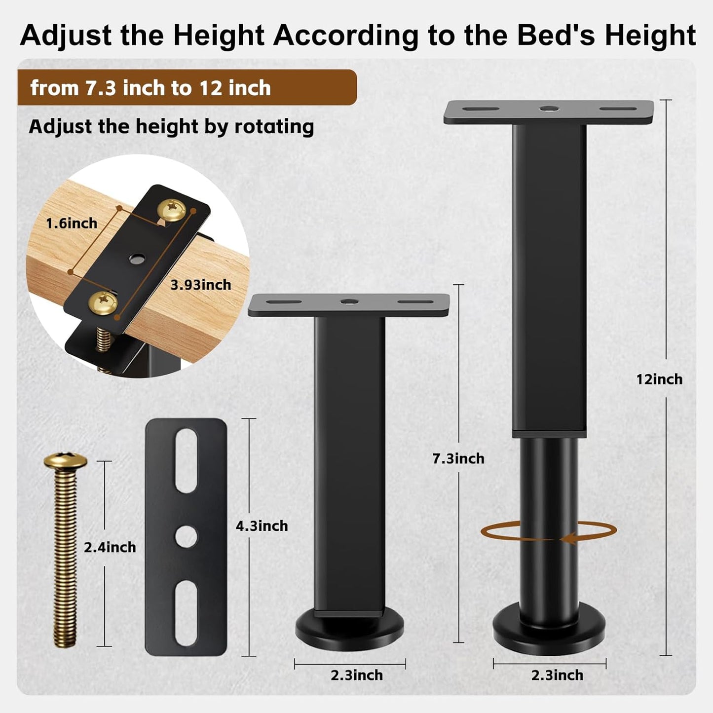 Bed Support Legs, 6PCS Replacement Adjustable Bed Risers, 7.3-12 in Heavy Duty Metal Furniture Feet with Non-Slip Rubber Base for King Queen Slats, Couch, Table, Sofa