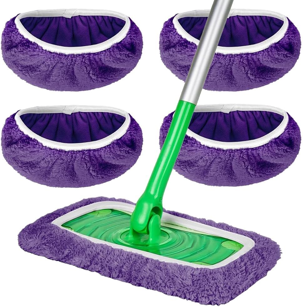 Microfiber Mop Pads - 4 Pack Reusable Washable Refills for Wet & Dry Floor Cleaning - Fits Most Standard Mops - Purple Household Cleaning Pads