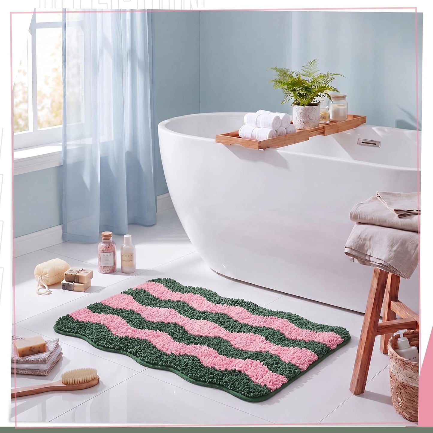 Nuanchu Cute Scalloped Bathroom Rug, Plush Tufted Absorbent Soft Wave Striped Bath Mat 24"x16", Non-Slip Washable Floor Carpet for Bathroom Bedroom Kitchen(Pink & Sage Green)