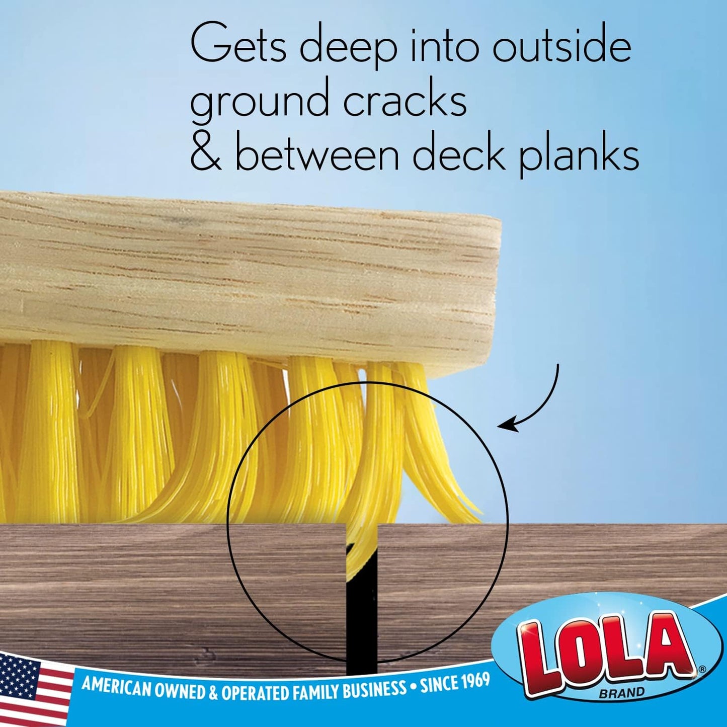 LOLA Deck Scrub Brush Outdoor Broom, Durable Bristles Remove Dirt, Grime, Grout, Leaves, Snow on Patios, Decks, Wet or Dry, 1 Count