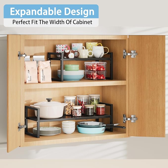 2 Pack Expandable Kitchen Cabinet Shelves Organizer, Heavy Duty Metal Shelving - Image 3