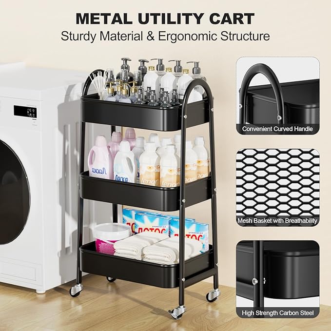 EAGMAK 3 Tier Rolling Cart, Large Metal Storage Cart - Image 3