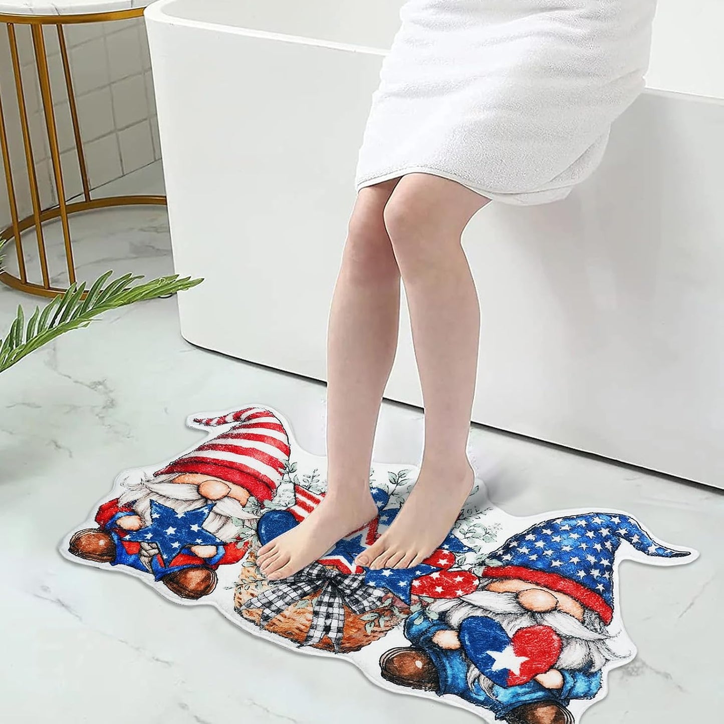 4th of July Bathroom Rugs Cute Gnome Patriotic Bath Mat, Non-Slip Farmhouse Doormat Shower Bath Rugs for Memorial Day/Independence Day Home Decorations
