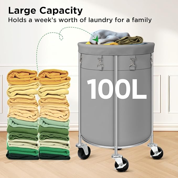 Laundry Hamper with Wheels, 100L Round Rolling Laundry Basket Sorter with - Image 8