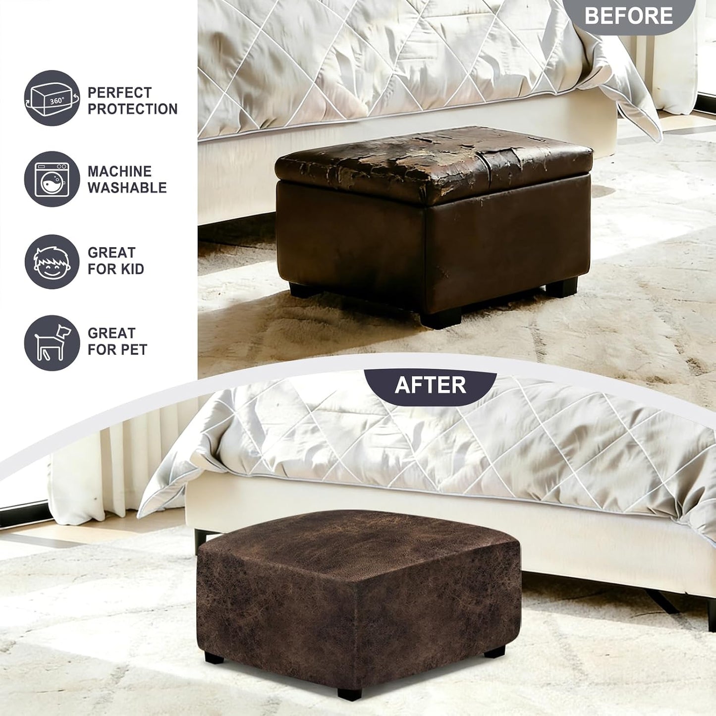 ANARACHON Leather Like Ottoman Cover, Stretch Small Square Ottoman Covers, Rectangular Ottoman Slipcovers with Removable Washable Non-Slip Elastic Bottom for Footstools (02 Brown, XX-Large)