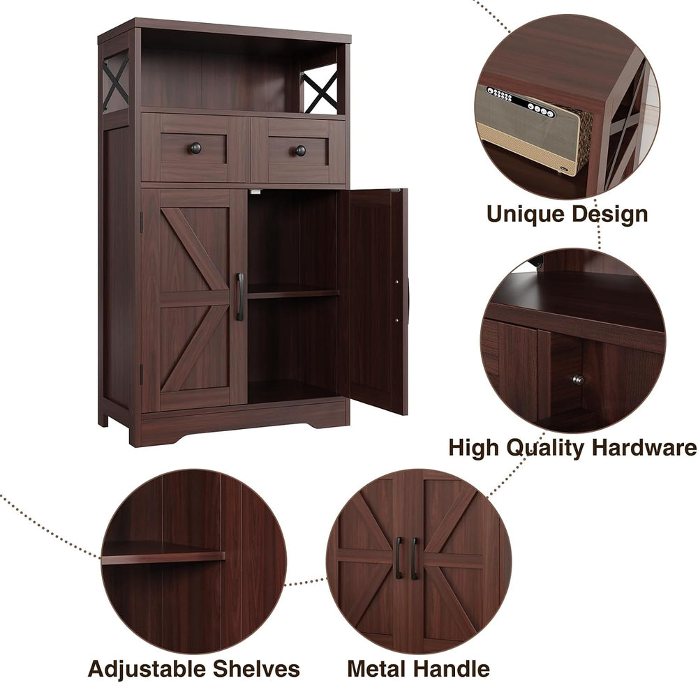 Dark Brown Farmhouse Storage Cabinet with Doors and Drawers, Small Pantry